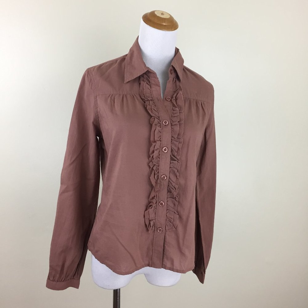 NWT FEI Anthropologie Brown Ruffles Long Sleeve Button Shirt